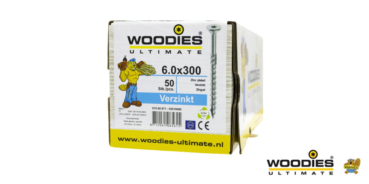 Alternatieve afbeelding voor Woodies schroeven verzinkt TORX-30 platkop 6x300/70mm deeldraad 50 stuks