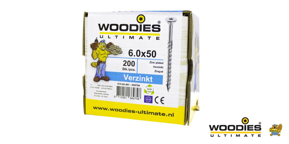 Alternatieve afbeelding voor Woodies schroeven verzinkt TORX-30 platkop 6x50/30mm deeldraad 200 stuks