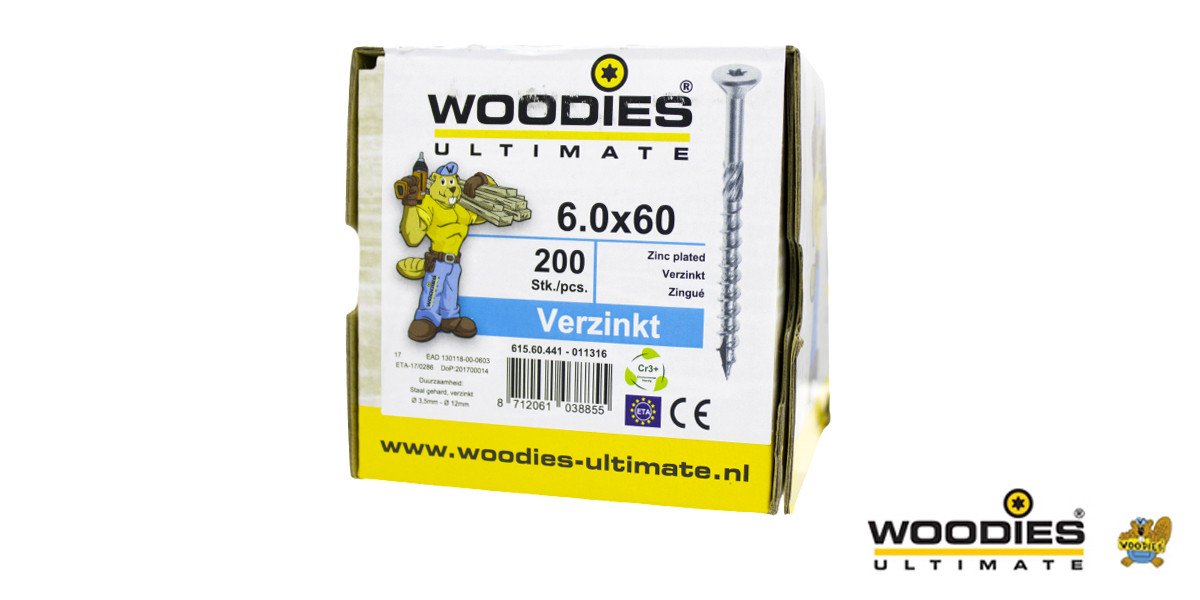 Alternatieve afbeelding voor Woodies schroeven verzinkt TORX-30 platkop 6x60/35mm deeldraad 200 stuks