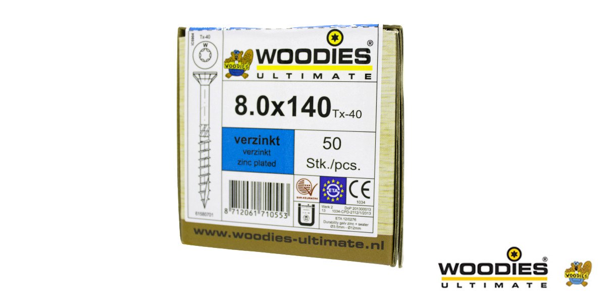 Alternatieve afbeelding voor Woodies schroeven verzinkt TORX-40 platkop 8x140/80mm deeldraad 50 stuks