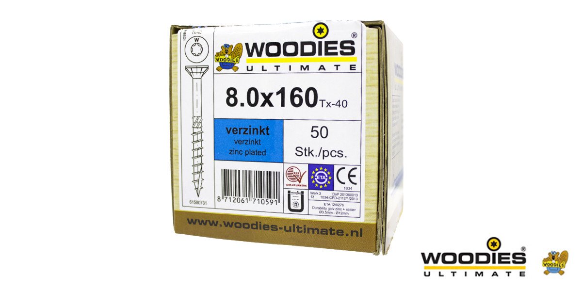 Alternatieve afbeelding voor Woodies schroeven verzinkt TORX-40 platkop 8x160/80mm deeldraad 50 stuks