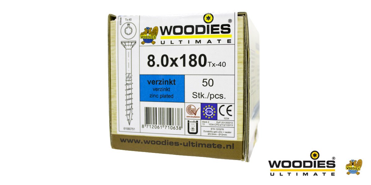 Alternatieve afbeelding voor Woodies schroeven verzinkt TORX-40 platkop 8x180/80mm deeldraad 50 stuks