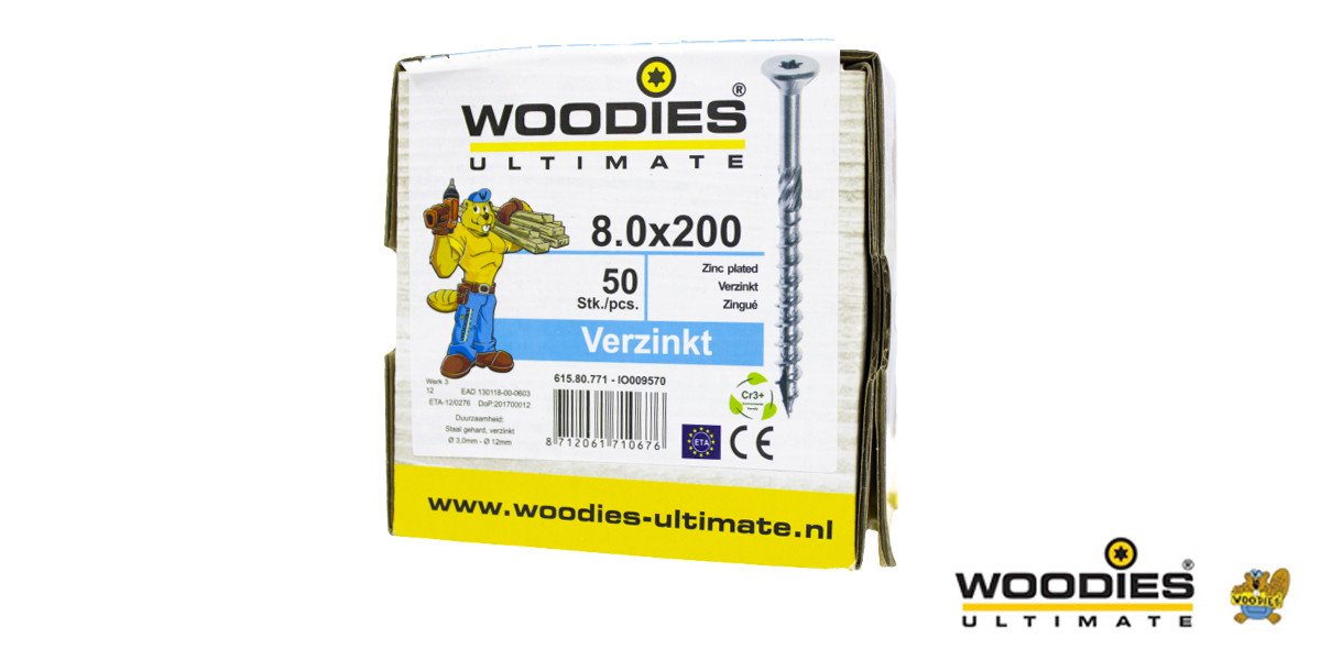 Alternatieve afbeelding voor Woodies schroeven verzinkt TORX-40 platkop 8x200/80mm deeldraad 50 stuks