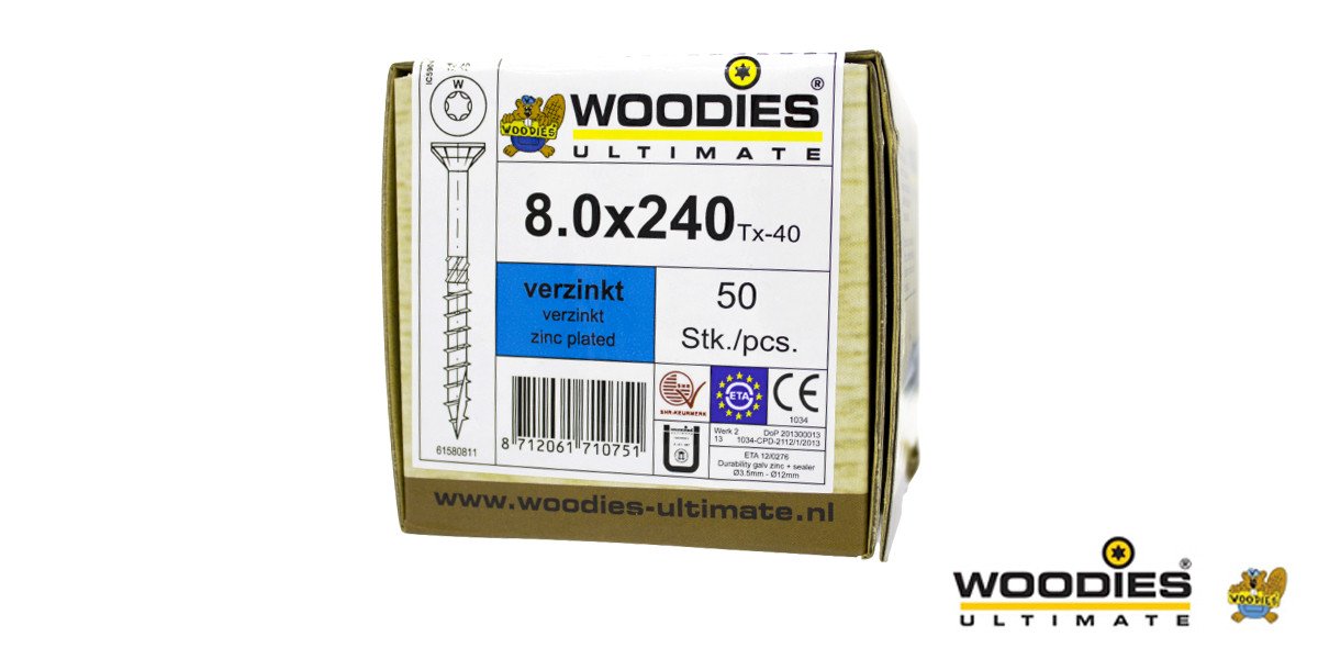 Alternatieve afbeelding voor Woodies schroeven verzinkt TORX-40 platkop 8x240/80mm deeldraad 50 stuks