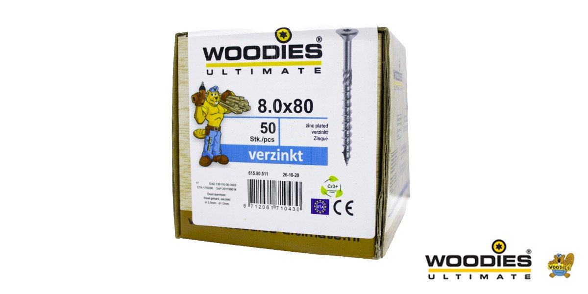 Alternatieve afbeelding voor Woodies schroeven verzinkt TORX-40 platkop 8x80/50mm deeldraad 50 stuks