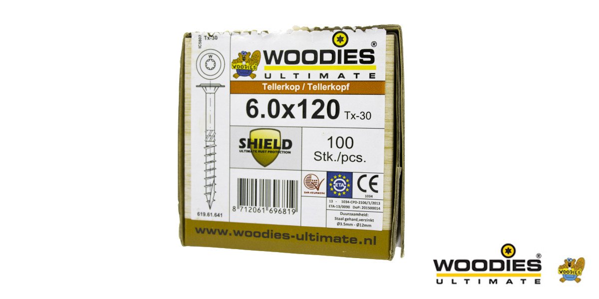Alternatieve afbeelding voor Woodies Tellerkopschroeven Shield TORX-30 6x120/60mm deeldraad 100 stuks
