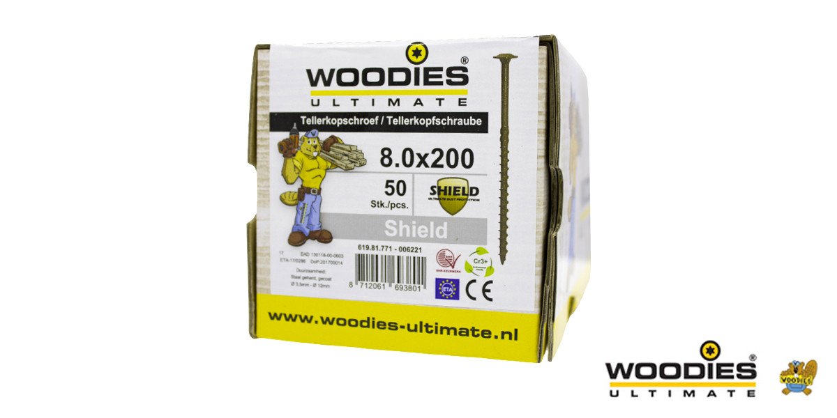 Alternatieve afbeelding voor Woodies Tellerkopschroeven Shield TORX-40 8x200/80mm deeldraad 50 stuks