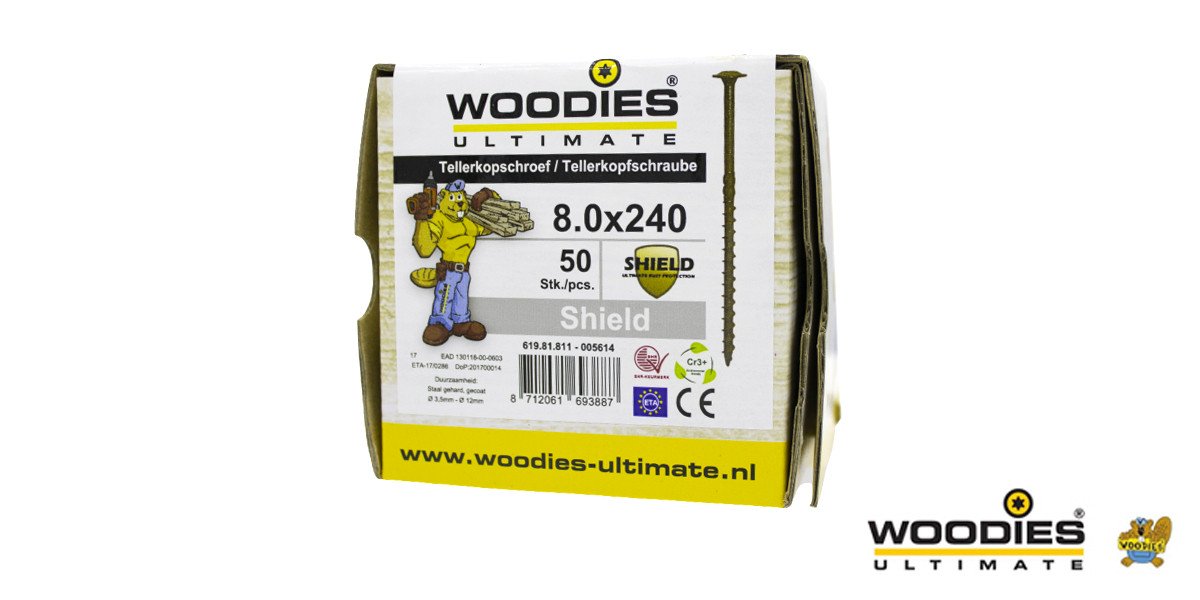 Alternatieve afbeelding voor Woodies Tellerkopschroeven Shield TORX-40 8x240/80mm deeldraad 50 stuks
