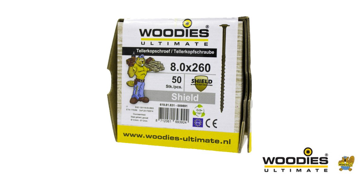 Alternatieve afbeelding voor Woodies Tellerkopschroeven Shield TORX-40 8x260/80mm deeldraad 50 stuks