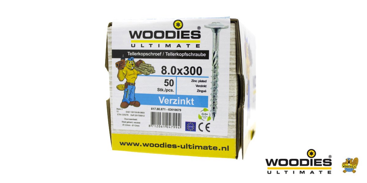 Alternatieve afbeelding voor Woodies Tellerkopschroeven TORX-40 verzinkt 8x300/80mm deeldraad 50 stuks