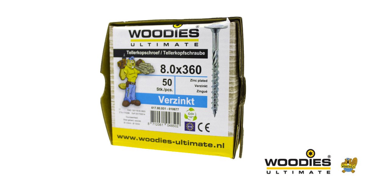 Alternatieve afbeelding voor Woodies Tellerkopschroeven TORX-40 verzinkt 8x360/80mm deeldraad 50 stuks