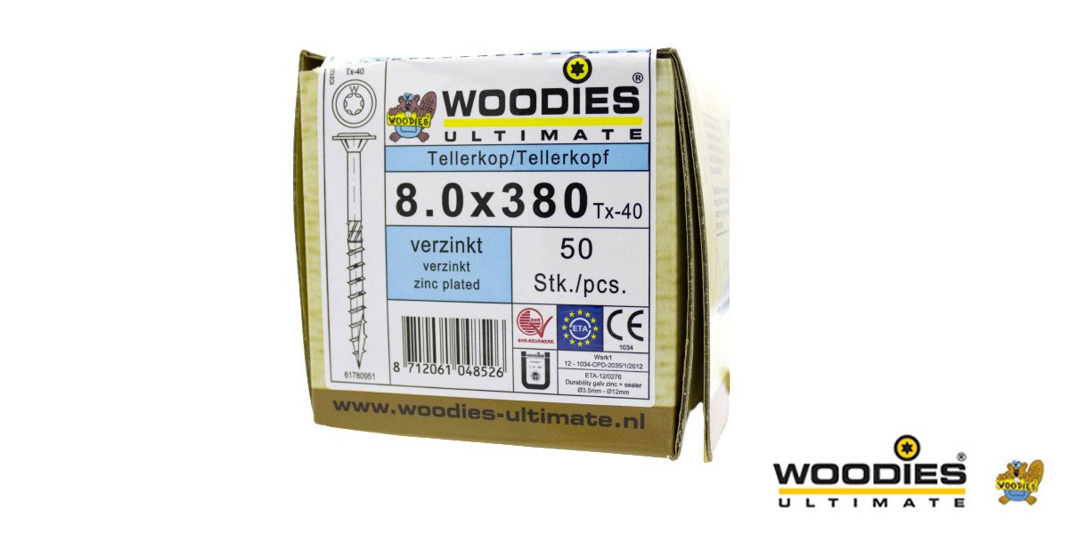 Alternatieve afbeelding voor Woodies Tellerkopschroeven TORX-40 verzinkt 8x380/80mm deeldraad 50 stuks
