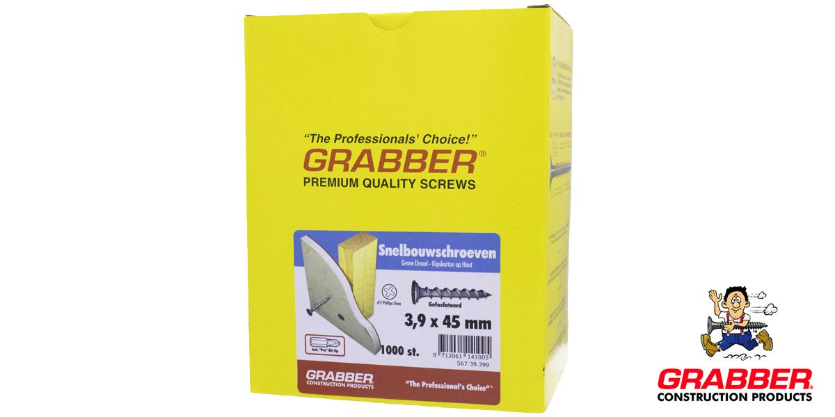 Alternatieve afbeelding voor Grabber snelbouwschroef 3,9x45mm gefosfateerd grof draad PH2 1000 stuks