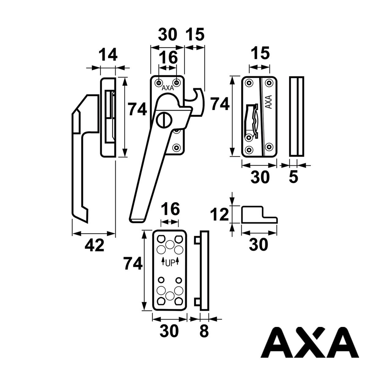 Alternatieve afbeelding voor AXA raamsluiting 3319 met ventialtienok en cilinderslot links alu SKG*