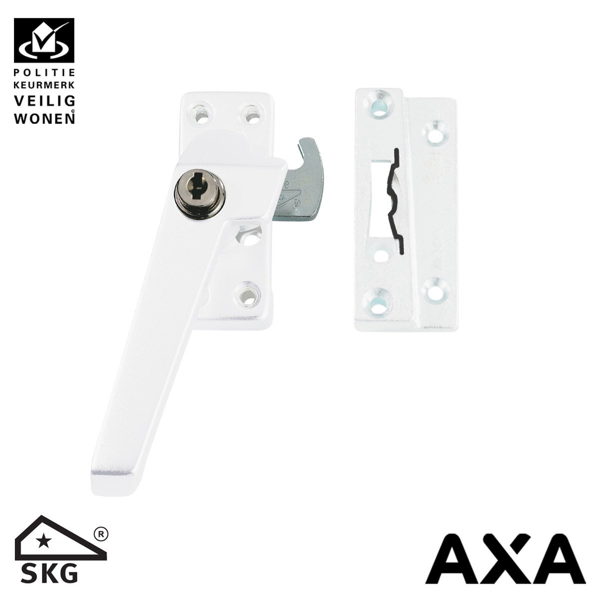 Alternatieve afbeelding voor AXA raamsluiting 3319 met ventialtienok en cilinderslot links wit SKG*