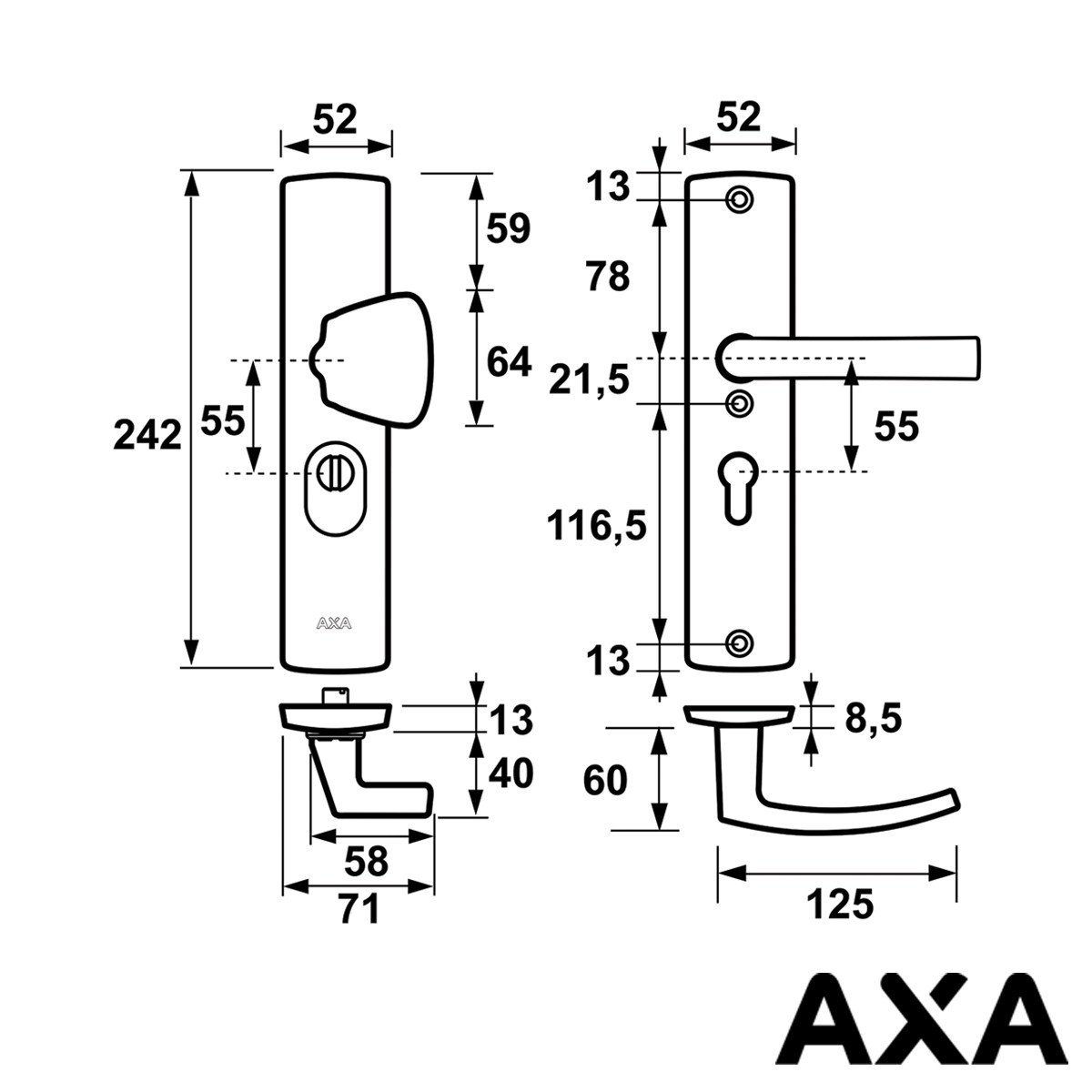Alternatieve afbeelding voor Anti kerntreksbeslag AXA curve plus knop-kruk pc55 geslepen alu SKG***