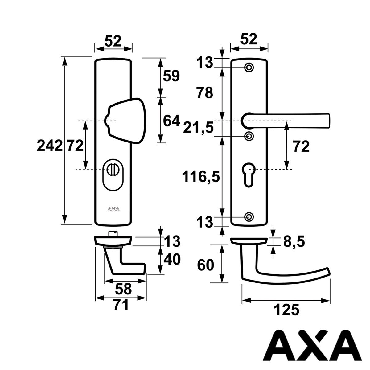 Alternatieve afbeelding voor Anti kerntreksbeslag AXA curve plus knop-kruk pc72 geslepen alu SKG***