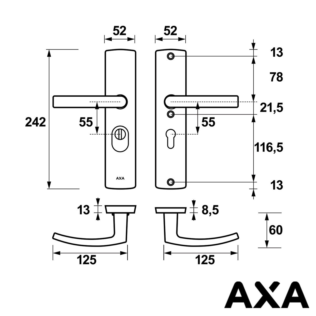 Alternatieve afbeelding voor Anti kerntreksbeslag AXA curve plus kruk-kruk pc55 geslepen alu SKG***