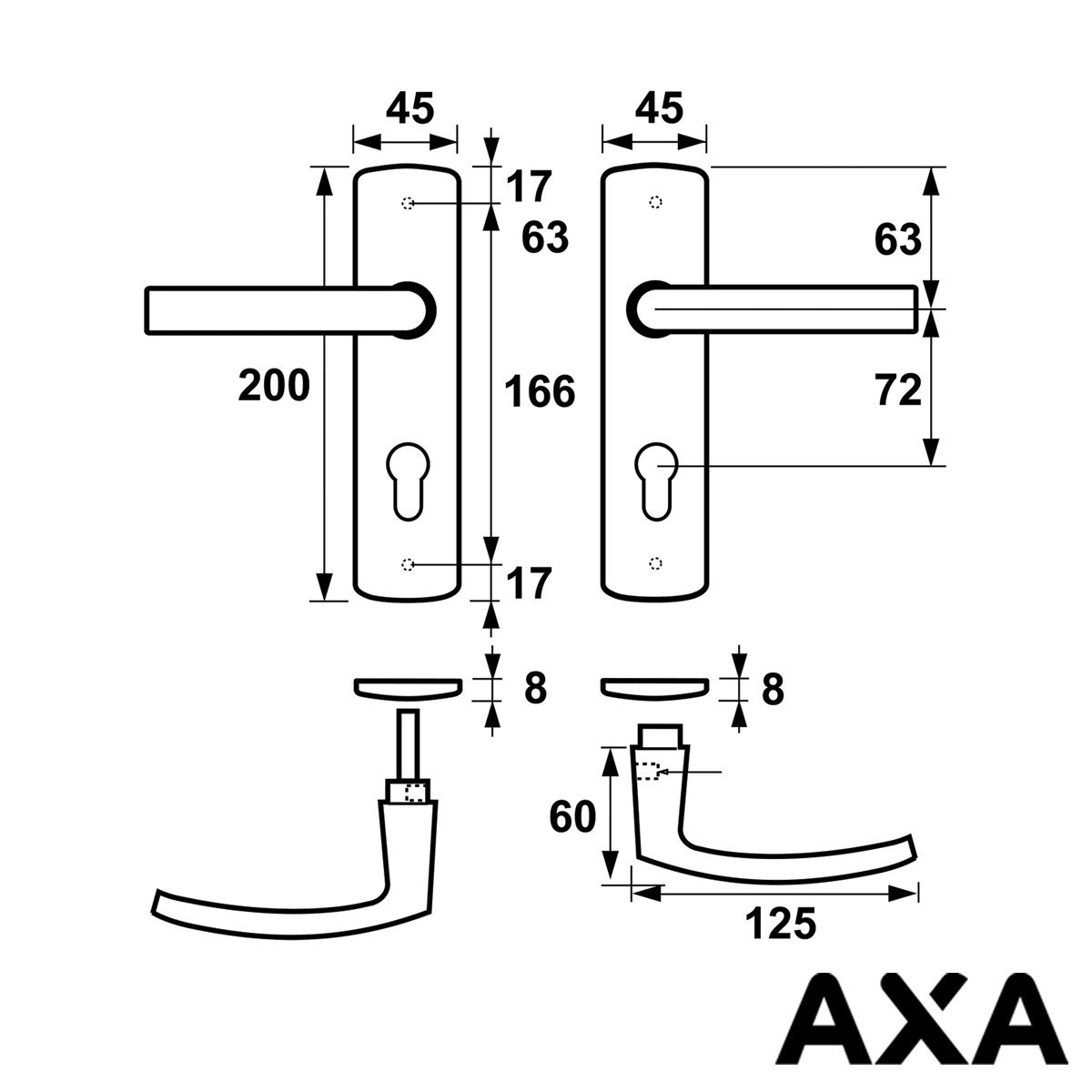 Alternatieve afbeelding voor Deurbeslag aluminium AXA op schild pc72 luxe