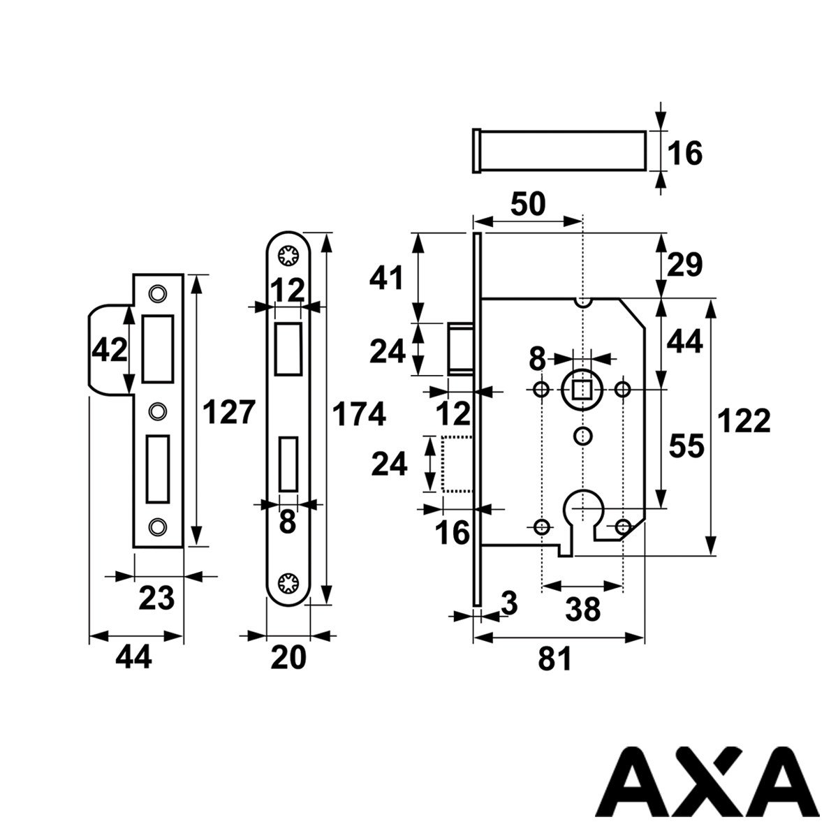 Alternatieve afbeelding voor Cilinderslot 55mm voorplaat zwart incl sluitplaat AXA