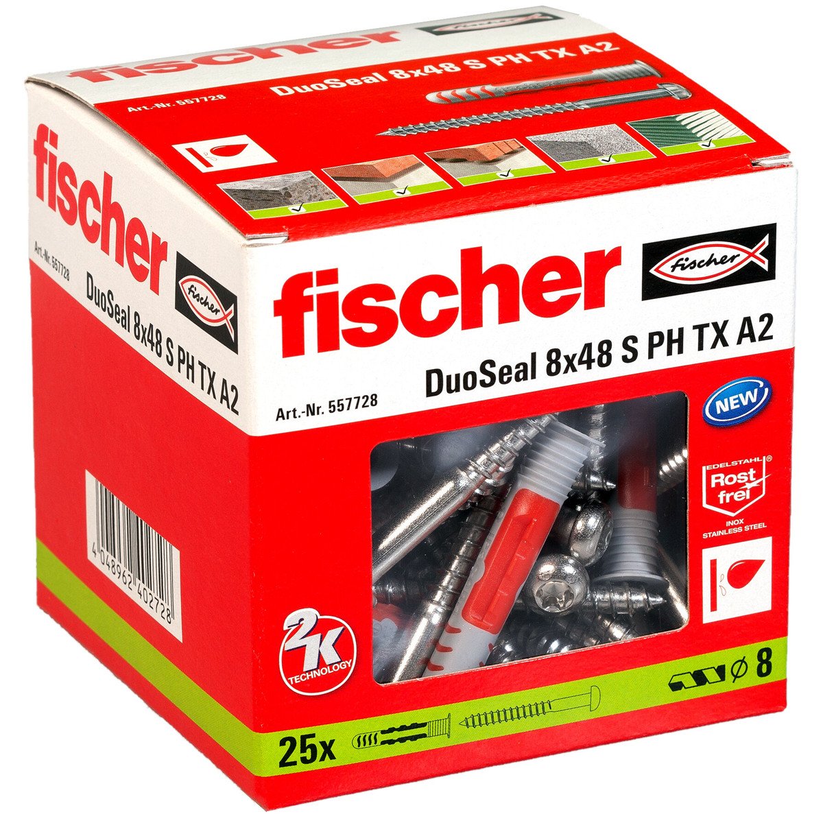 Alternatieve afbeelding voor Fischer DuoSeal pluggen 8x48 S PH TX A2 met RVS bolkopschroeven 6x70 25 stuks