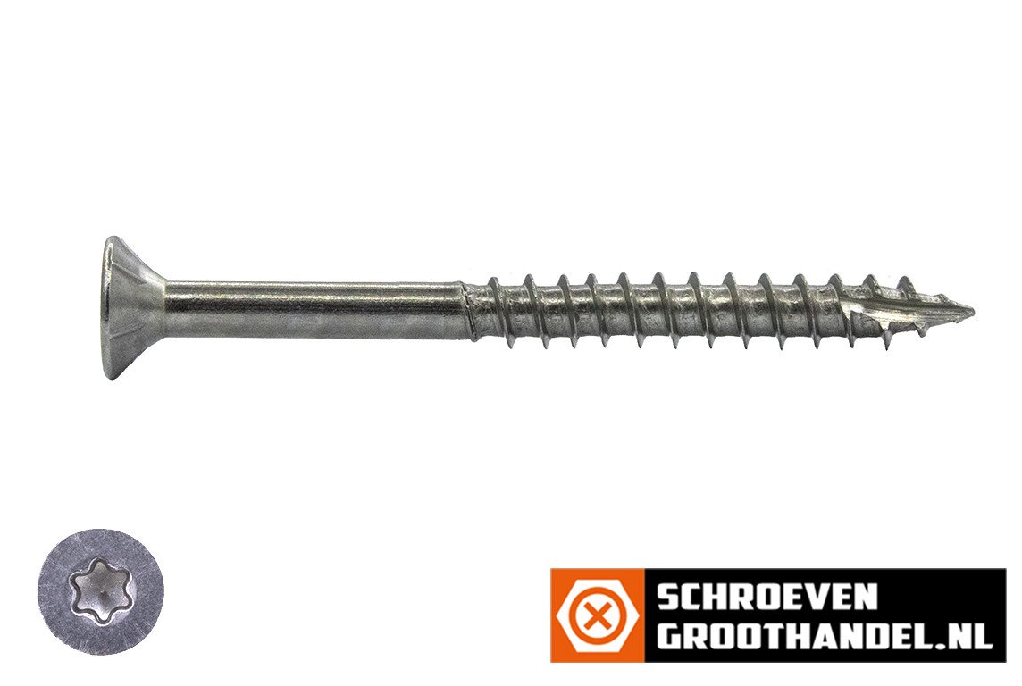 Alternatieve afbeelding voor Houtbouwschroeven 5x60/36mm RVS 410 C1 platkop TORX-25 deeldraad met Snijpunt 100 stuks