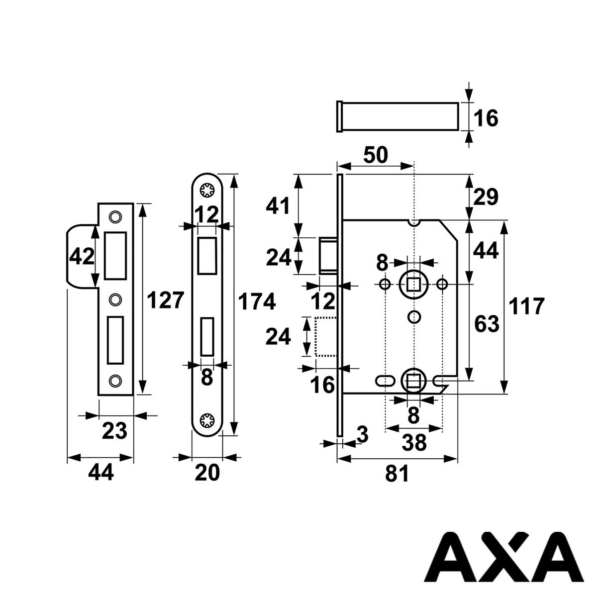 Alternatieve afbeelding voor Toilet- en badkamerslot rvs 63mm voorplaat incl sluitplaat AXA