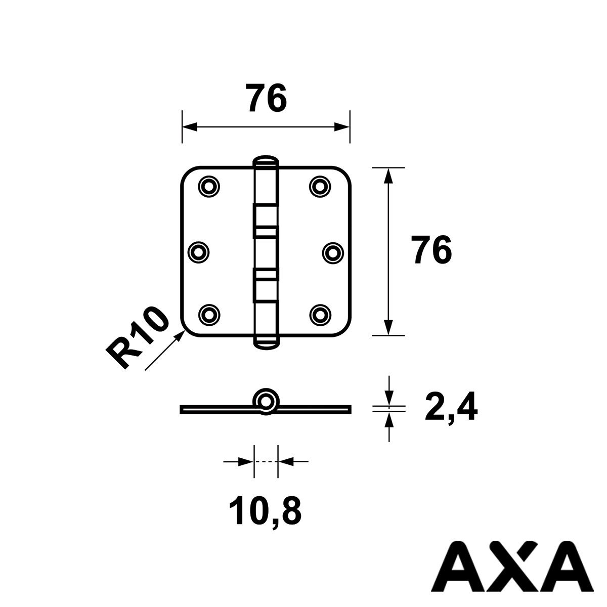 Alternatieve afbeelding voor Kogellager scharnier 76x76mm ronde hoek staal AXA