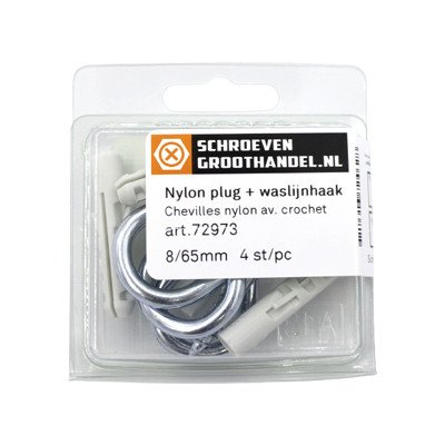Alternatieve afbeelding voor Nylon pluggen 8mm met waslijnhaken 65mm 4 stuks