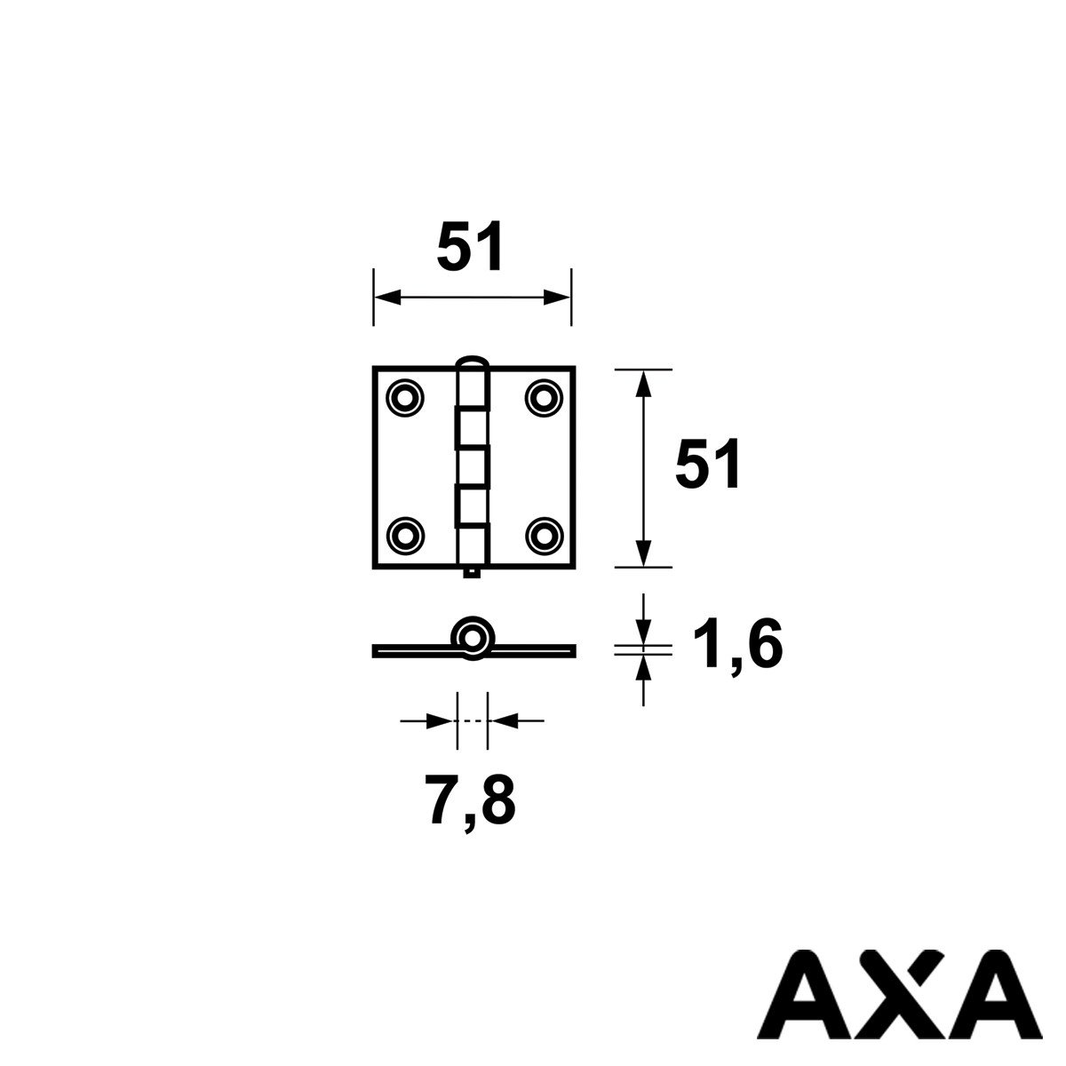 Alternatieve afbeelding voor Stalen scharnier 51x51mm ongelagerd AXA