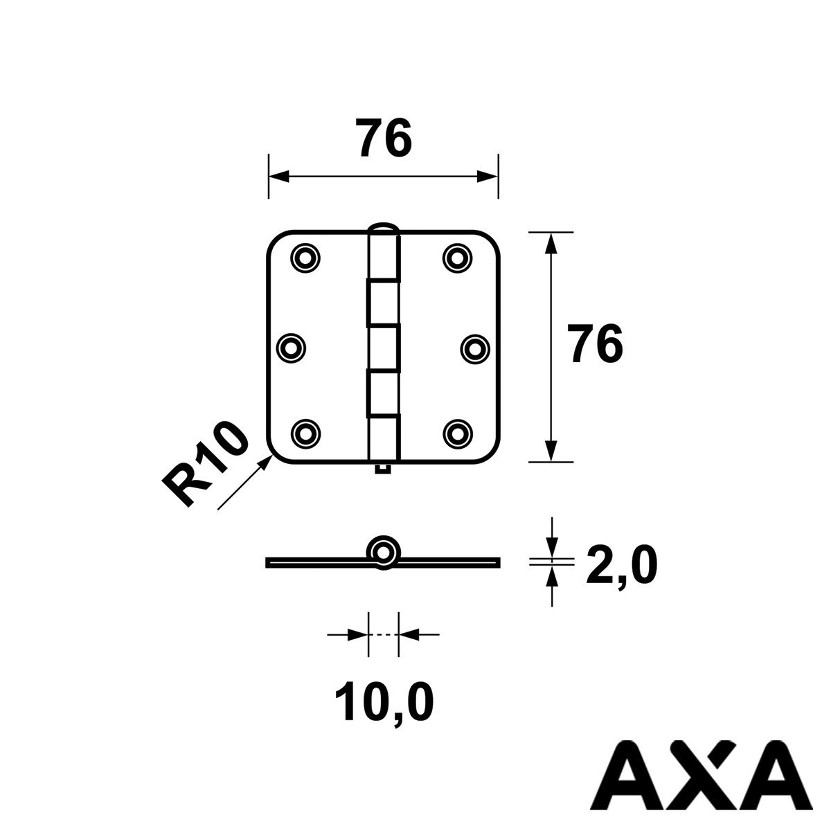 Alternatieve afbeelding voor Stalen scharnier 76x76mm ongelagerd met ronde hoek AXA