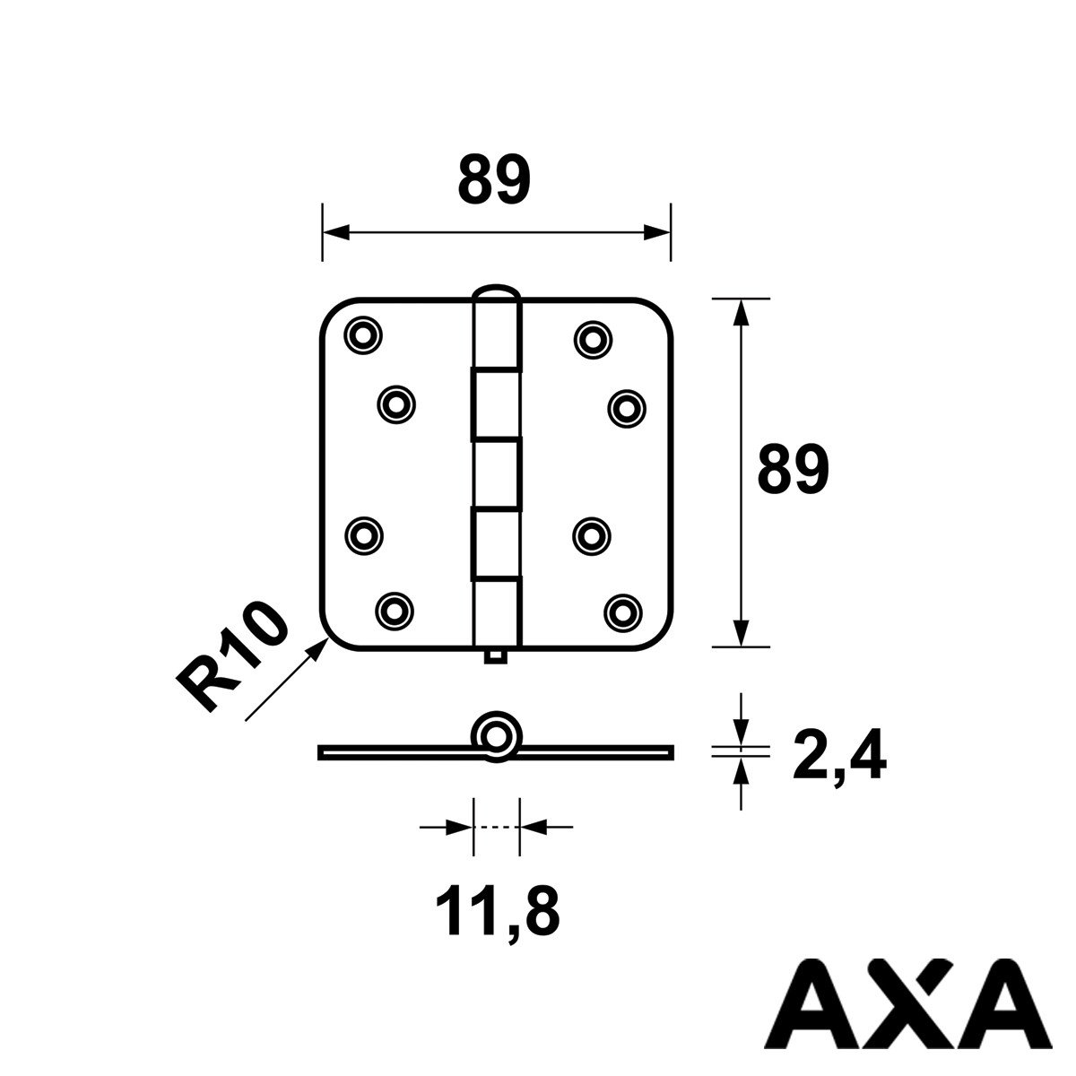 Alternatieve afbeelding voor Stalen scharnier 89x89mm ongelagerd met ronde hoek AXA