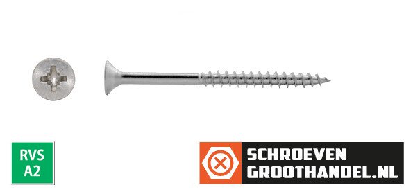 Alternatieve afbeelding voor Spaanplaatschroeven 5x65/42mm RVS A2 platkop pozidriv-2 100 stuks