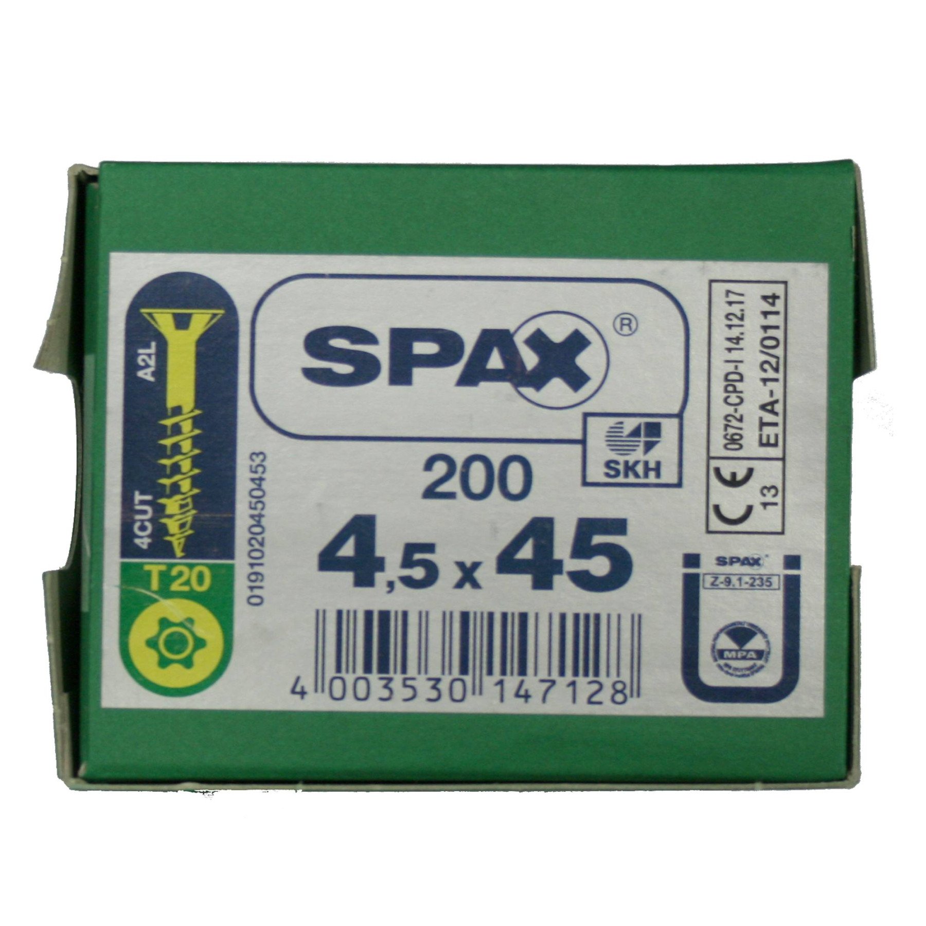 Alternatieve afbeelding voor Spax spaanplaatschroeven 4,5x45mm deeldraad geel verzinkt platkop torx 200 stuks