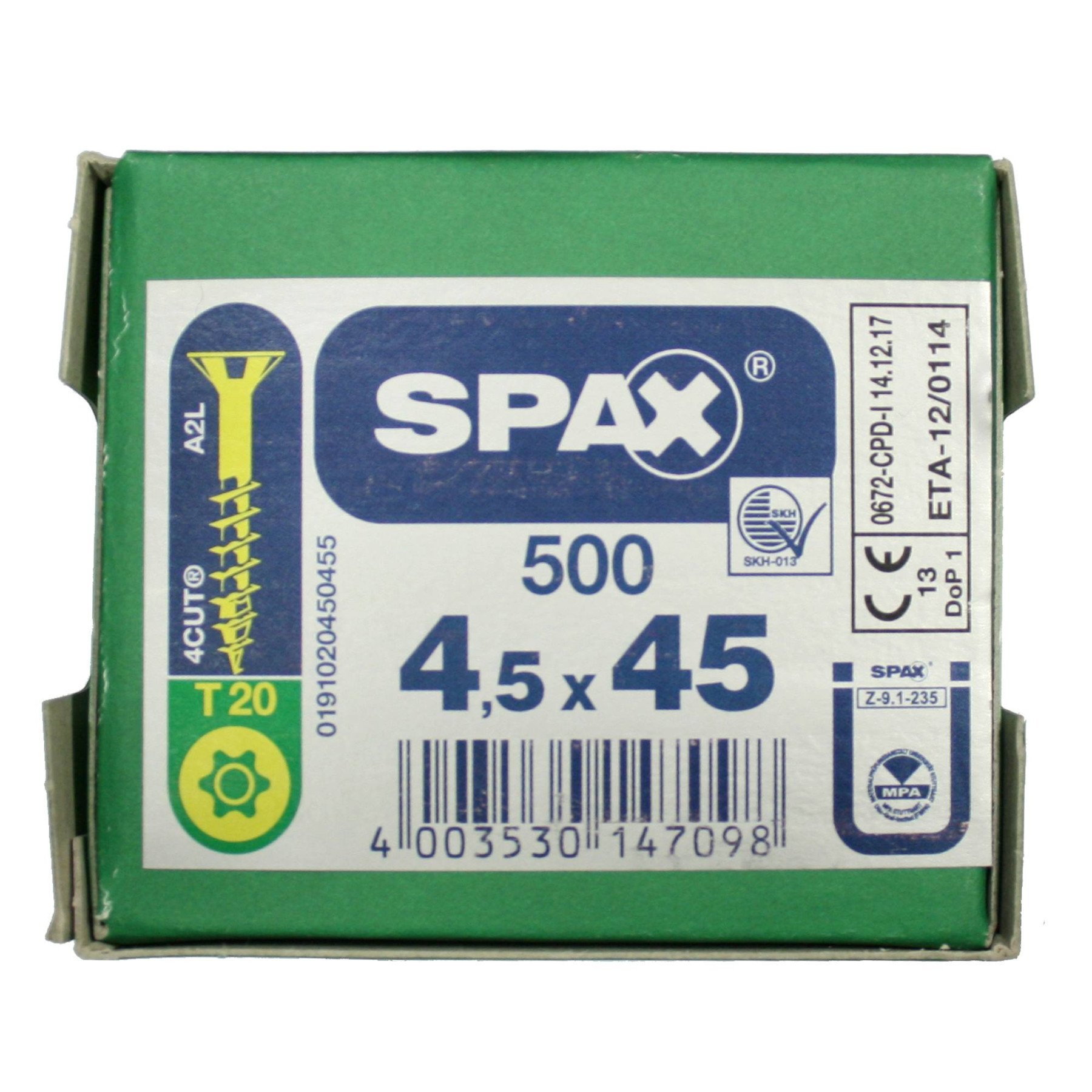 Alternatieve afbeelding voor Spax spaanplaatschroeven 4,5x45mm deeldraad geel verzinkt platkop torx 500 stuks