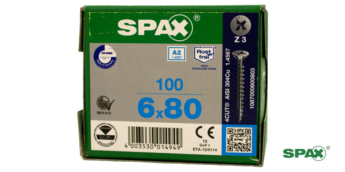 Alternatieve afbeelding voor Spax spaanplaatschroeven 6x80mm deeldraad rvs a2 platkop pozidriv 100 stuks