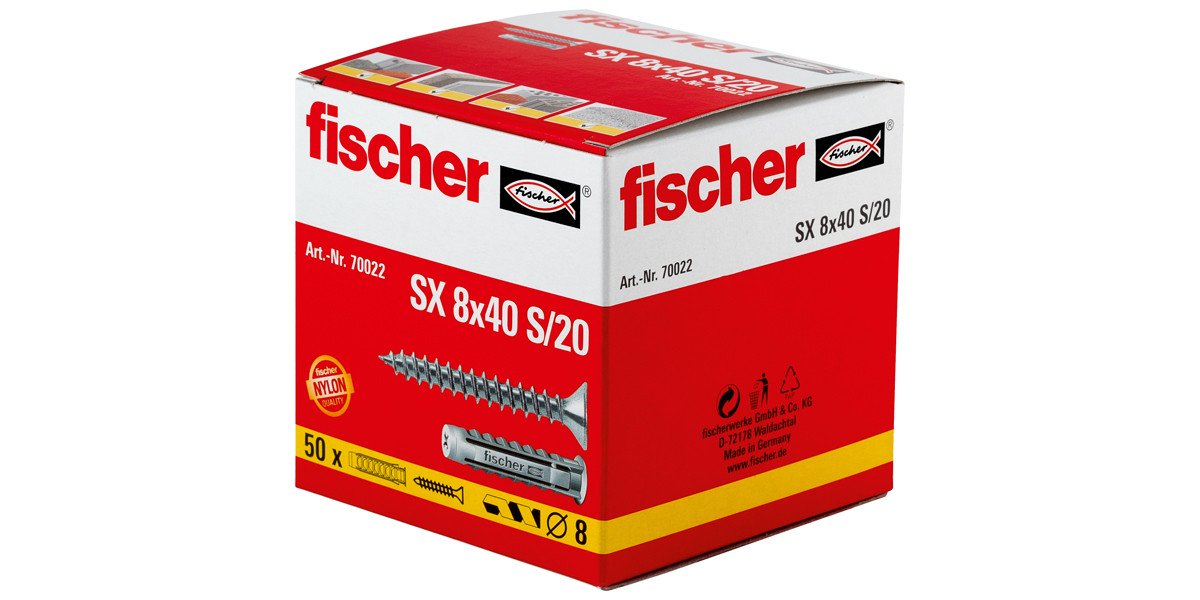 Alternatieve afbeelding voor Fischer pluggen SX 8x40 S/20 met schroeven 5x55mm 50 stuks