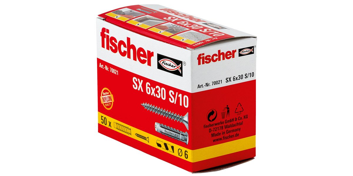 Alternatieve afbeelding voor Fischer pluggen SX 6x30 S/10 met schroeven 4,5x40mm 50 stuks