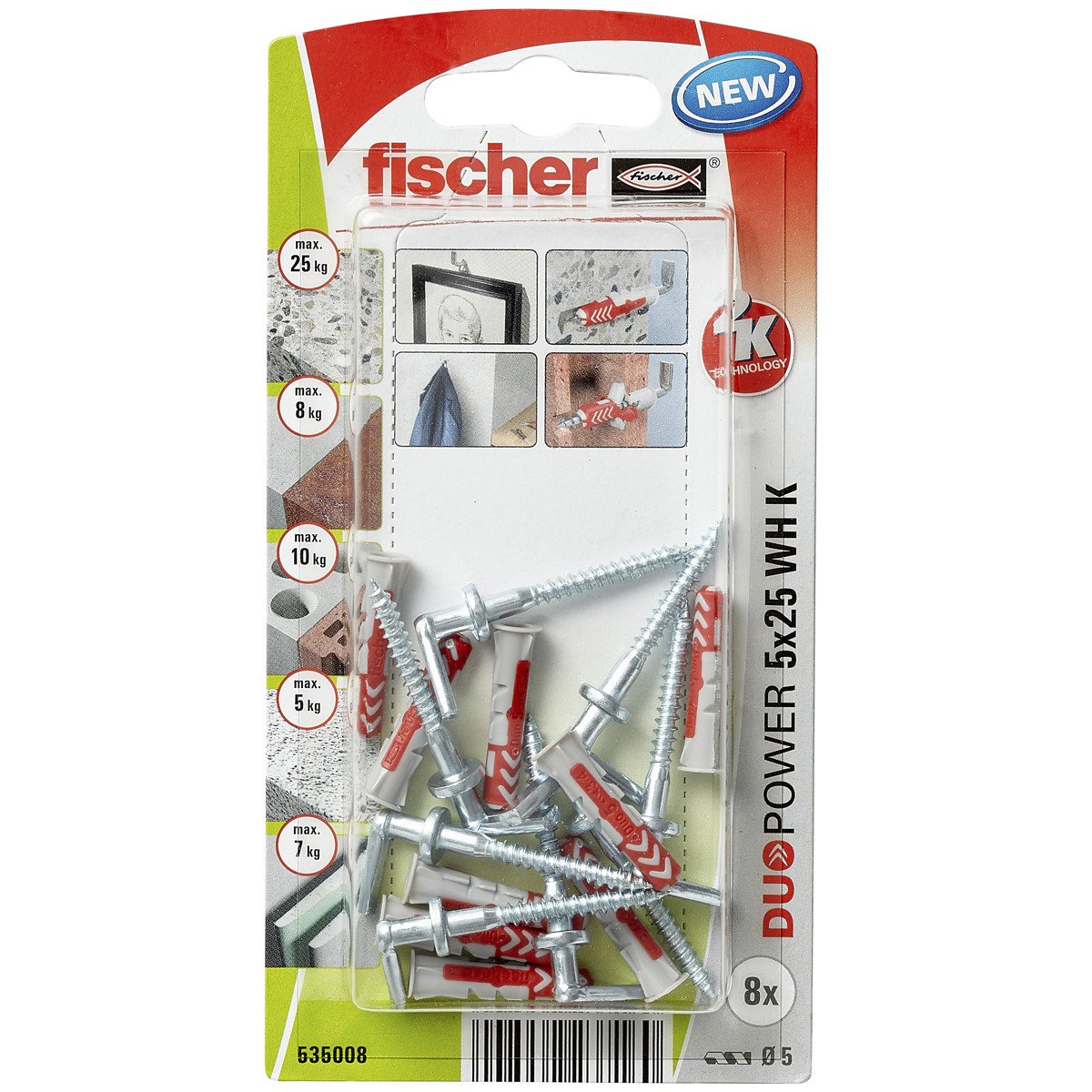 Alternatieve afbeelding voor Fischer Duopower pluggen 5x25 WH K met winkelhaken 8 stuks