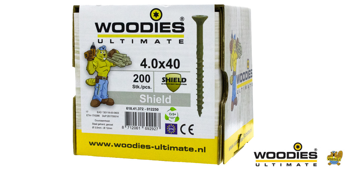Alternatieve afbeelding voor Woodies schroeven platverzonken kop Shield TORX-20 4x40/24mm deeldraad 200 stuks