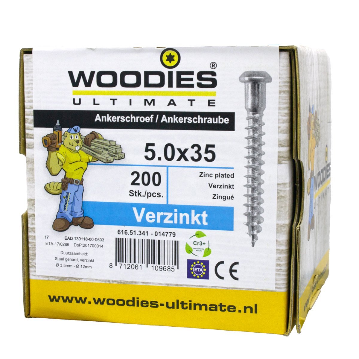 Alternatieve afbeelding voor Woodies ankerschroeven verzinkt TORX-20 cilinderkop 5x35/29mm deeldraad 200 stuks