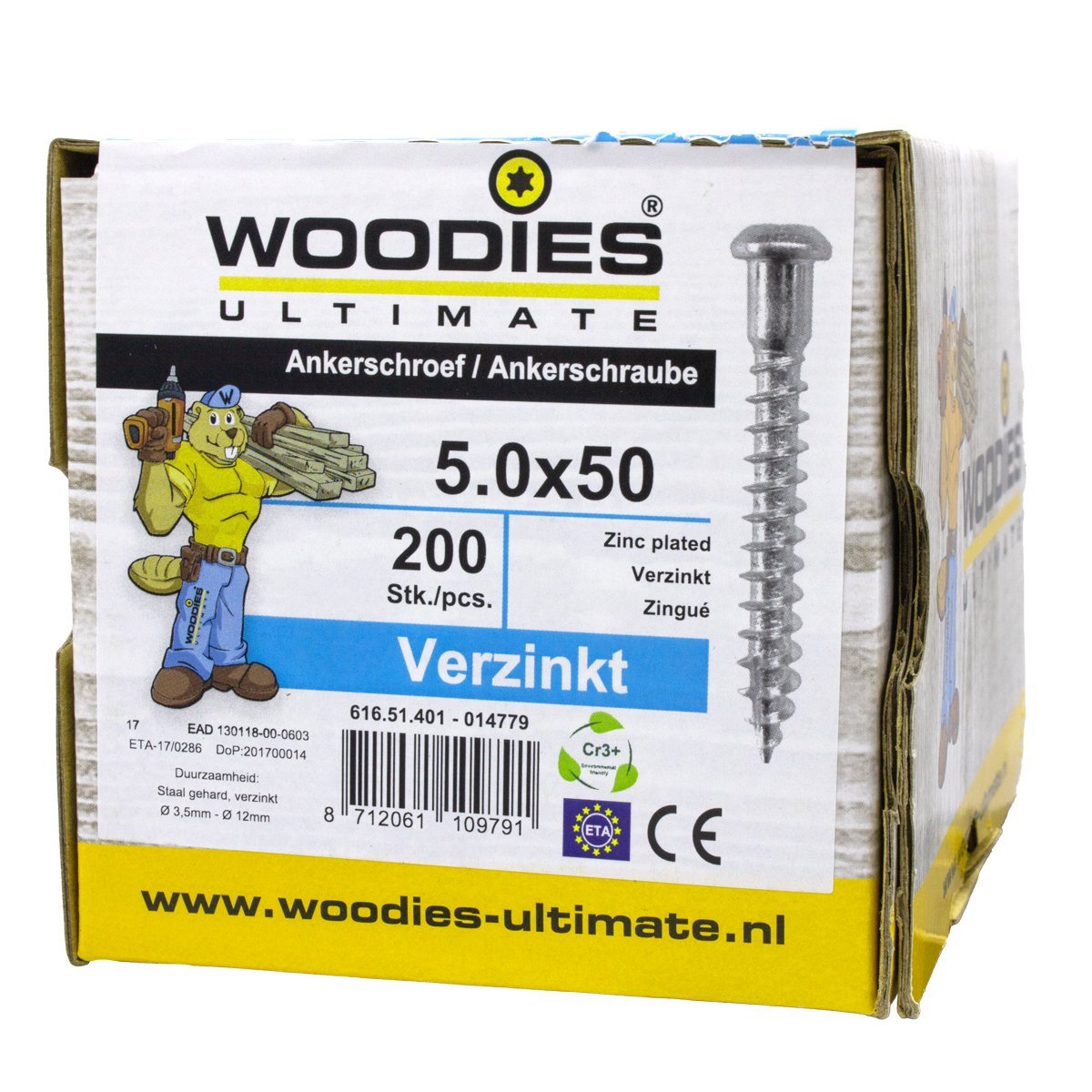 Alternatieve afbeelding voor Woodies ankerschroeven verzinkt TORX-20 cilinderkop 5x50/44mm deeldraad 200 stuks