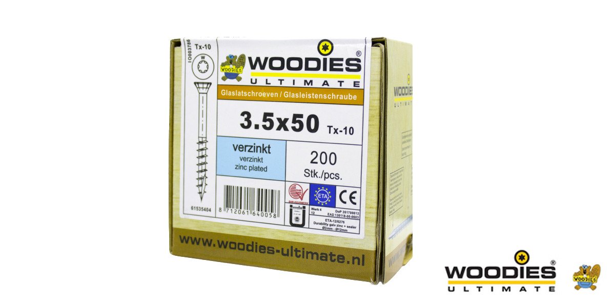 Alternatieve afbeelding voor Woodies glaslatschroeven verzinkt TORX-10 platkop 3,5x50/30 deeldraad 200 stuks