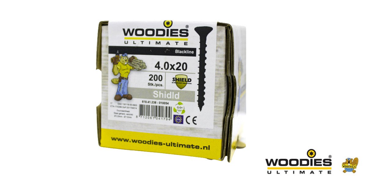 Alternatieve afbeelding voor Woodies schroeven Blackline Shield TORX-20 platkop 4x20mm 200 stuks