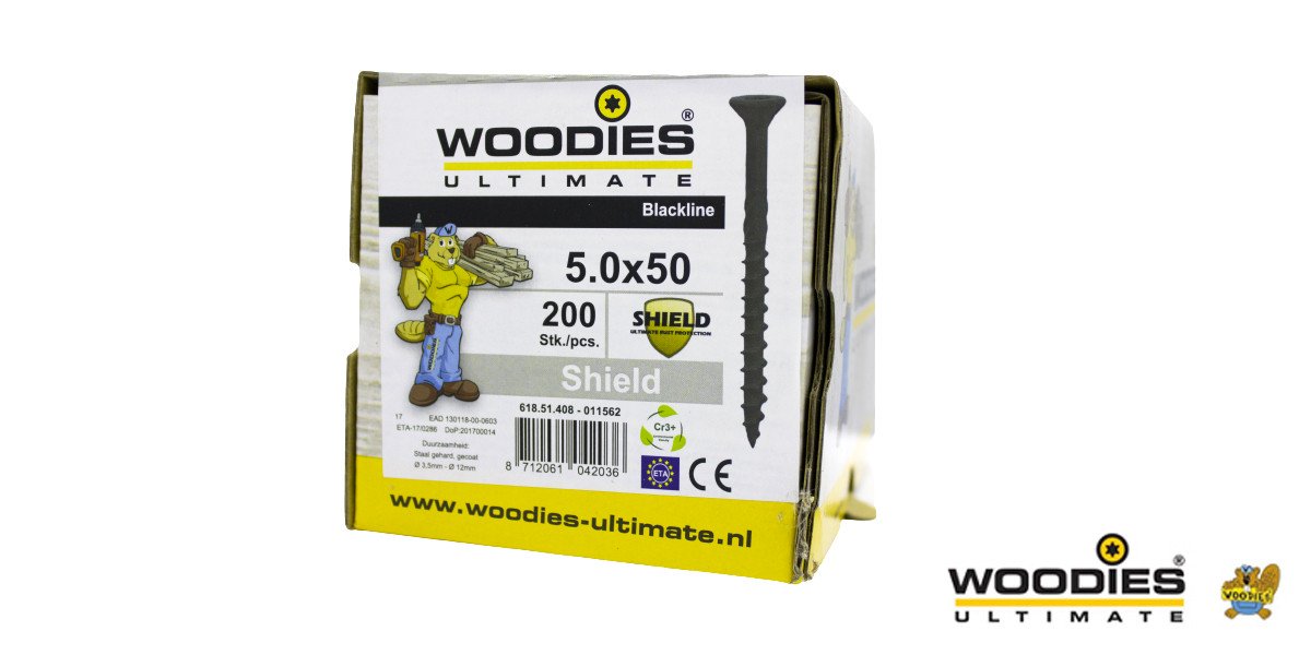 Alternatieve afbeelding voor Woodies schroeven Blackline Shield TORX-20 platkop 5x50/30mm 200 stuks