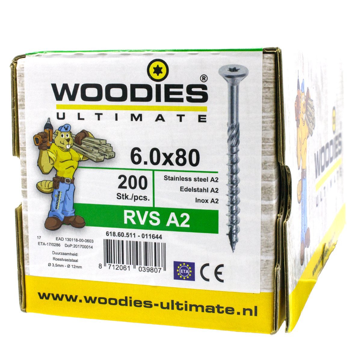 Alternatieve afbeelding voor Woodies schroeven RVSA2 TORX-30 platkop 6x80/50mm deeldraad 200 stuks