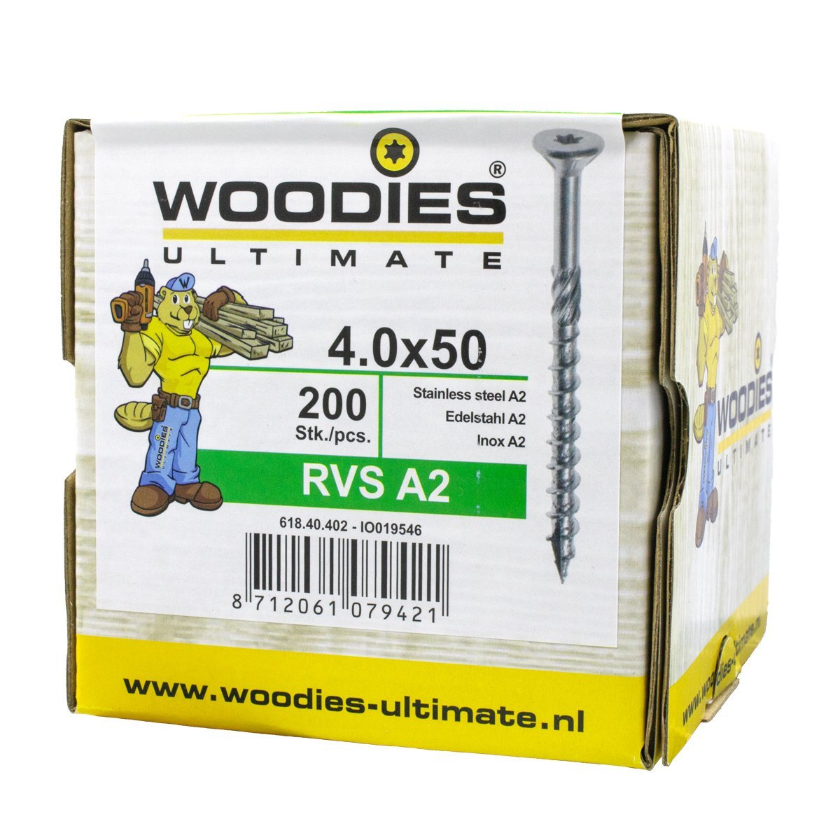 Alternatieve afbeelding voor Woodies schroeven RVS A2 TORX-20 platkop 4x50/30mm deeldraad 200 stuks