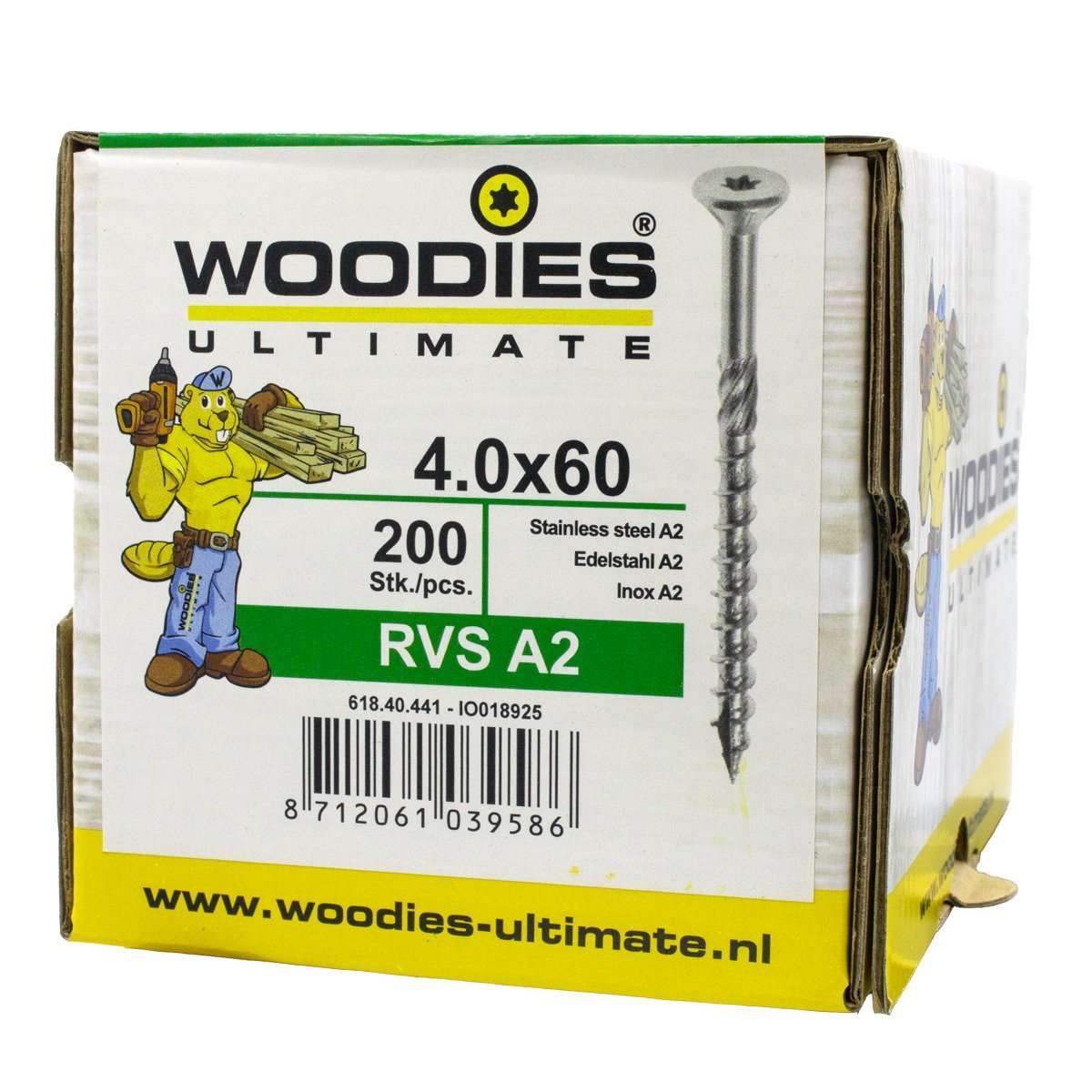 Alternatieve afbeelding voor Woodies schroeven RVS A2 TORX-20 platkop 4x60/35mm deeldraad 200 stuks