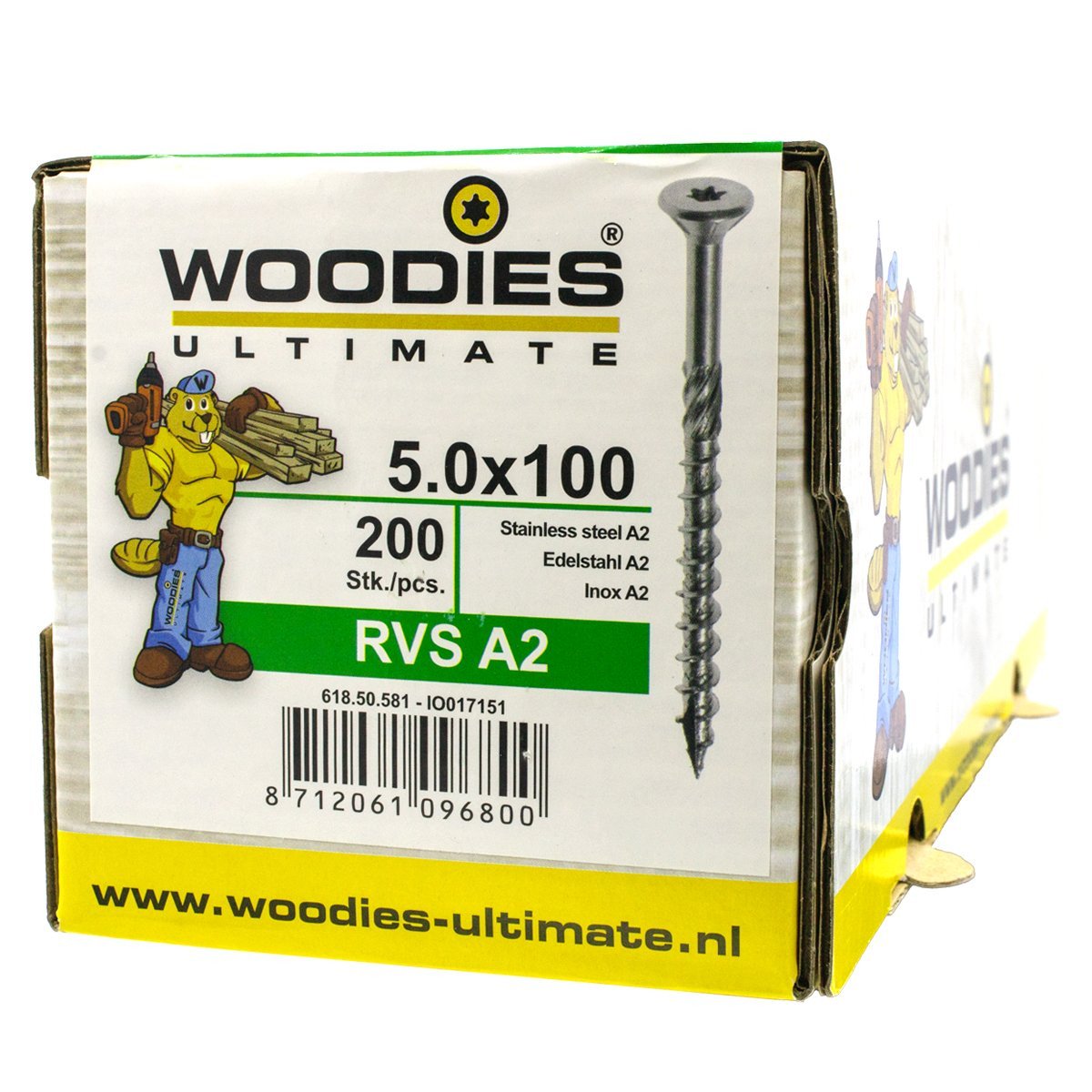 Alternatieve afbeelding voor Woodies schroeven RVS A2 TORX-25 platkop 5x100/60mm deeldraad 200 stuks