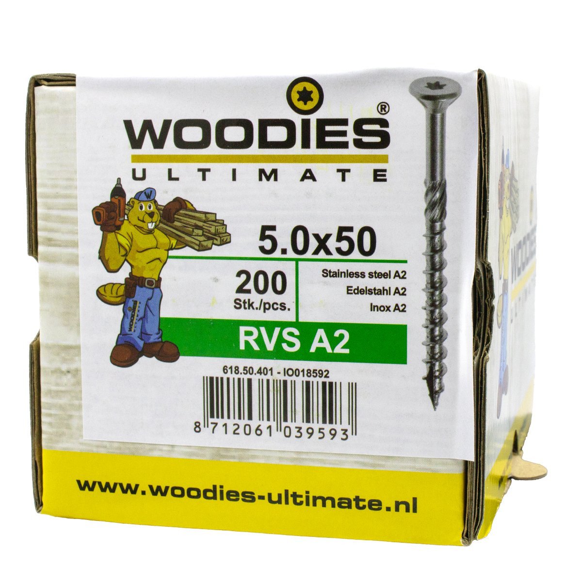 Alternatieve afbeelding voor Woodies schroeven RVS A2 TORX-25 platkop 5x50/30mm deeldraad 200 stuks